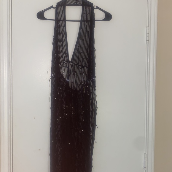 Porrcey NWOT maxi black halter back shimmering sequin mesh V neck gown sz xL - Picture 7 of 9